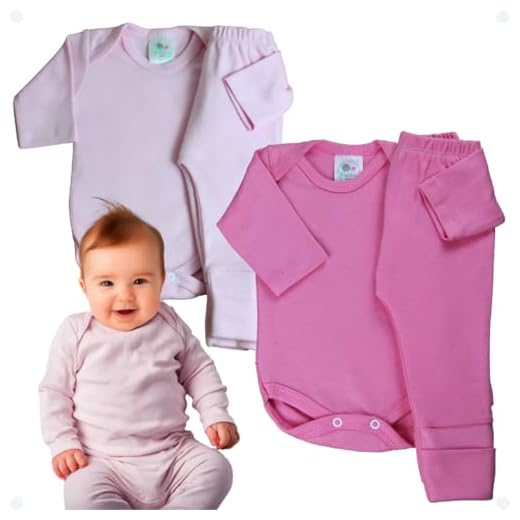 Kit 4 Peças Roupa de Bebê Body Manga Longa e Mijão Vira Pé Menino Menina Unissex 100% Algodão Suedine 2 Conjuntos Pililica Baby (Menina, G)