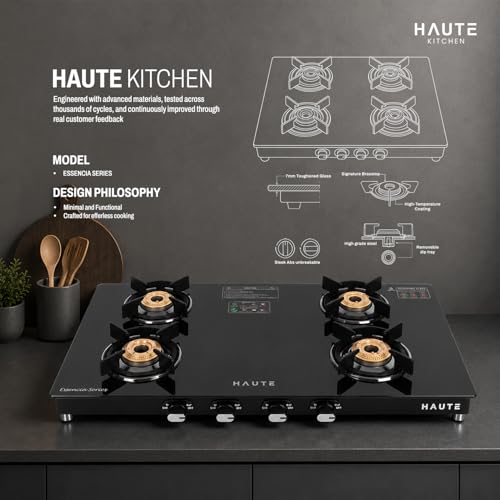 Image of Haute Essencia Series All Black 4 Burner Gas Stove | Manual Ignition | 7mm Toughened Glass | ABS Unbreakable Knobs | Doorstep Service | 7-Year Glass & 2-Year Manufacturing Warranty