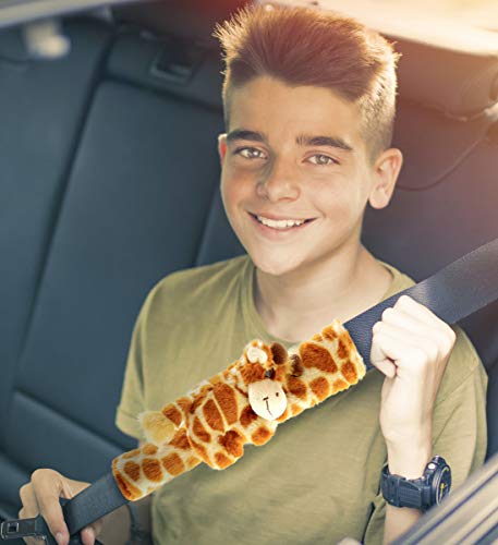 DolliBu Orange Giraffe Plush Car Seatbelt Cover - Soft Fluffy Cushion Support for Safety Seat Belt Strap Cover, Decorative Wild Life Stuffed Animal Padded Toy, Cute Vehicle Accessory for Kids & Adults