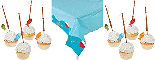 HAPPY DEALS ~ Little Fisherman Party Tableware Set- (1 Fisherman Table Cover and 25 Fishing Pole Picks)