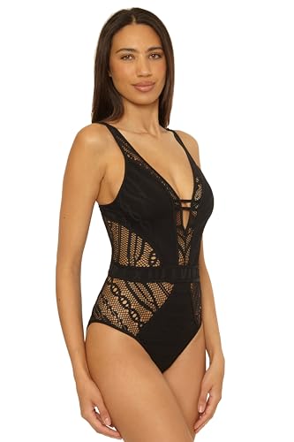 BECCA Women's Standard Color Play One Piece Swimsuit, Plunge Neck, Crochet, Bathing Suits, Black (A), Small2