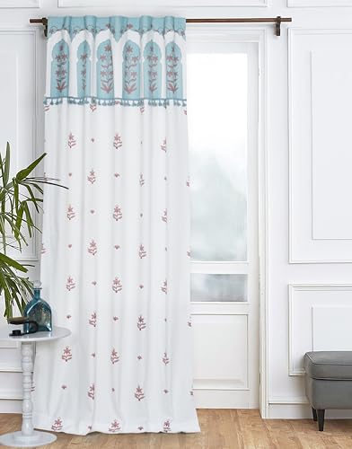 Image of Tranquebar Curtain Co. Back Tab Window Curtain - Room Darkening,Boho Lace Tassels,152 Cm (5 Feet),Turquoise Mughal-Arch Floral Motif,1 Piece,Cotton,Backtab,Window Curtain 5 Feet,Living Room,Bedroom
