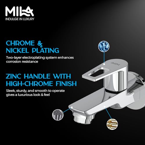 Image of Mila Floro Long Body Bib Tap with Wall Flange | Brass Body & Ceramic Disc | Chrome-Nickel Coating | Smooth Flow Aerator | inch BSP | Leak-Proof | Hard Water Resistant | Cold Water Use