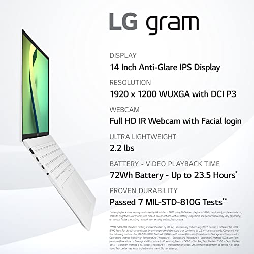 Lg Gram (2022) 14Z90Q Ultra Lightweight Laptop, 14" (1920X1200) Ips Display, Intel Evo 12Th Gen I5 1240P Processor, 8Gb Lpddr5, 512Gb Nvme Ssd, Fhd Webcam, Wifi 6E, Thunderbolt 4, Windows11, White #TOP1