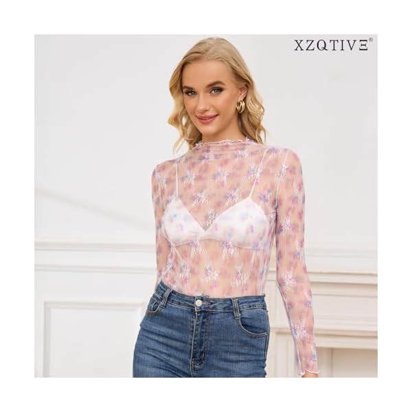 XZQTIVE Womens Mesh Long Sleeve Top See Through Mock Neck Party Club Night Floral Lace Layering Tops Blouse - Image 3