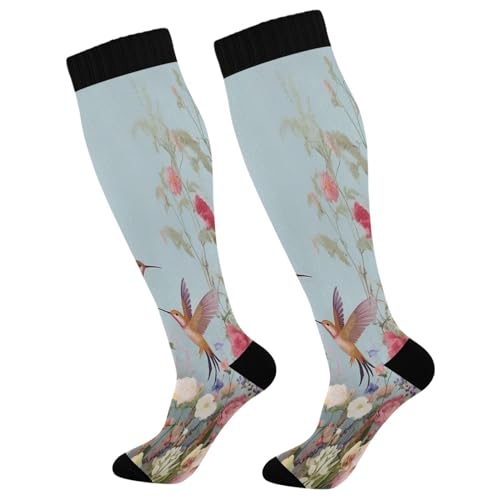 Wassud Hummingbirds and Flowers Compression Socks 1 Pair 20-30mmHg Knee High Socks Tube Athletic Stockings for Women & Men Winter Hiking Soccer Running Cycling Nurses Travel