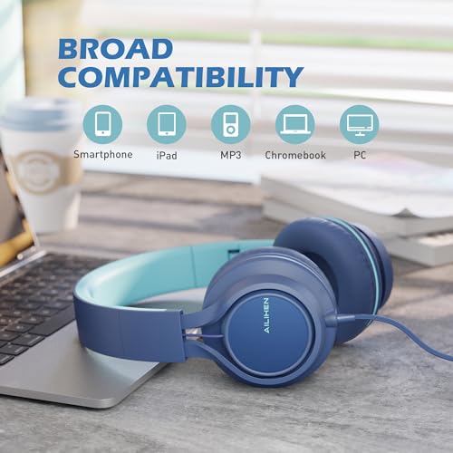 Image of AILIHEN C8 Headphones Wired, On-Ear Headphones with Microphone and Volume Control, Corded 3.5mm Headset for Boys Girl School Smartphones Chromebook Laptop Computer Tablets Airplane Travel (Indigo)