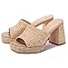 Monrovia Raffia Platform Heels for Women – Chunky Block Open Toe Woven Slides, Natural Straw Summer Dressy Vacation Sandals, Comfortable Heeled Slip On Mules, Brown Size 7