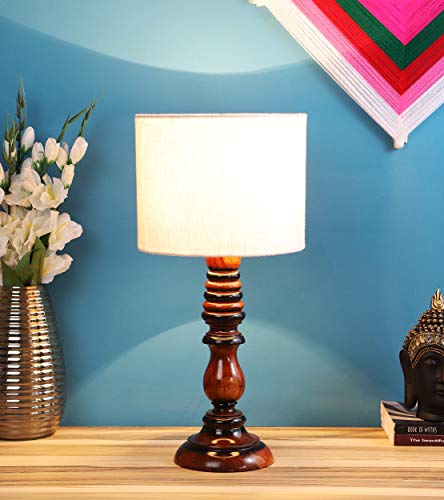 Image of tu casa Off White Cotton Flex Shade with Brown Mango Wood Base Table Lamp | Elegant Bedside & Desk Lamp for Bedroom, Living Room, Office, Home Decor & Gifting (Height : 21 Inch /No Blub Included)