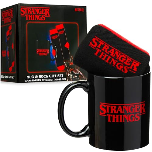 Get Trend Stranger Things 11oz Mug and Socks Set Crew Socks with Ceramic Coffee Mug Microwave Safe Novelty Gifts for Men Women Teens (Red/Black Stranger Things)