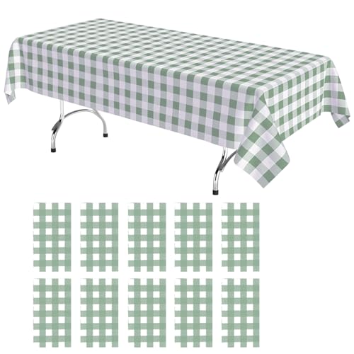 KAshack 10 Pack Green White Gingham Plastic Tablecloth, 54" x 72"