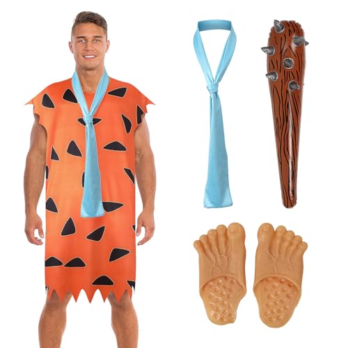 Adults Men Fred Flintstone Costume Fancy Dress, 4 PCS Caveman Cosplay Outfits with Feet Covers Inflatable Club Stick Necktie (Medium) Adults Men Fred Flintstone Costume Fancy Dress, 4 PCS Caveman Cosplay Outfits with Feet Covers Inflatable Club Stick Necktie (Medium)