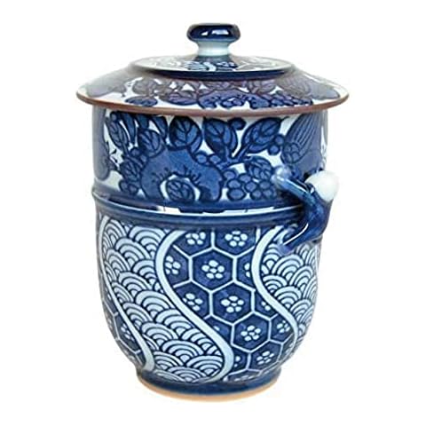 やきもの Japanische Yunomi Teetasse mit Deckel Arita Imari Ware Made in Japan Kacho-Ikkanjin Blau Cover