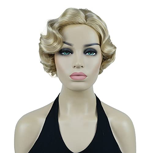 Lydell Vintage Cosplay Party Wig Short Finger Wavy Flapper Hairpiece +Wig Cap (26 Bright Golden Blonde)