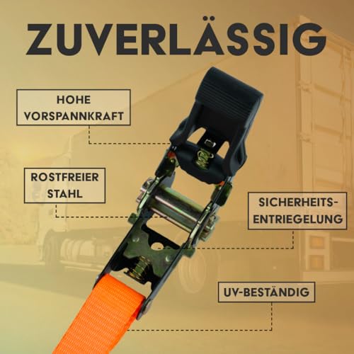 Spanngurte mit Ratsche und Haken 4er Set, 25mm breit 4,5m lang, bis 800kg, Spanngurt-orange, Zurrgurte für Ladungssicherung, Spanngurte Haken, Gurtband, Spanngurt 4,5m