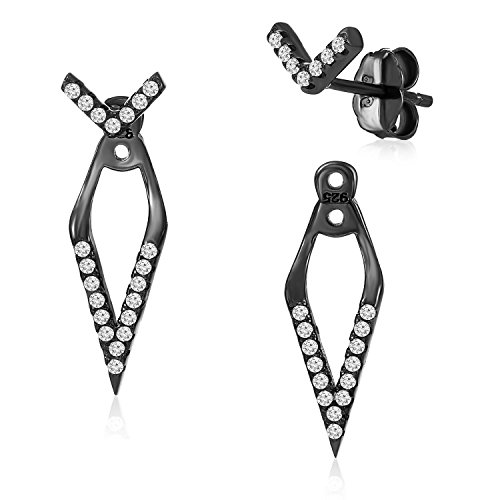 Sterling Silver Front Back 2 in 1 Cubic Zirconia V Hoop Earring and Ear Jacket Earrings Set (black-rhodium-plated-silver)
