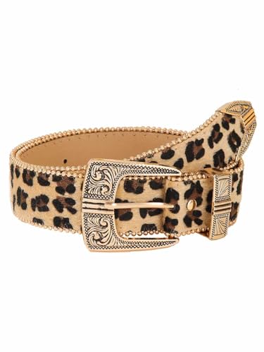 Women Leopard Print Leather Belt Vintage Buckle Cowgirls Belts for Jeans Dresses Pants