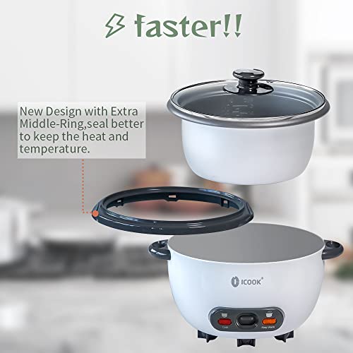 Icook 3-Cup Uncooked 6-Cup Cooked Rice Cooker 0.6L Grains,Oatmeal,Cereals Cooker,Rice Warmer Steamer,Small Mini Rice Cooker,Removable Nonstick Pot,Full View Glass Lid,White #TOP3