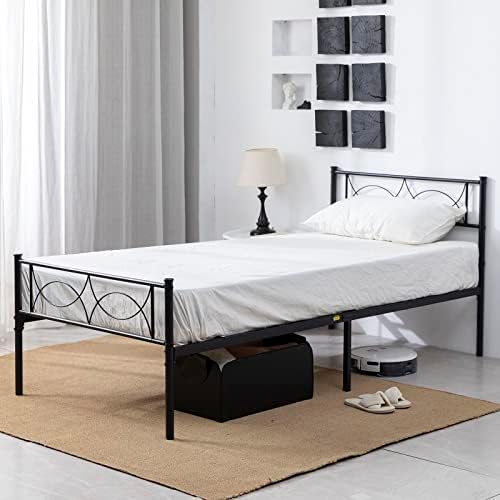 Rottnen Twin XL Bed Frame with Headboard Heavy Duty Metal Platform Bed Frame with Modern Design Headboard & Foot-board, Sturdy&Easy Assembly, Noise Free Beds with Steel Slats Mattress Foundation，No Box Spring Needed, Black