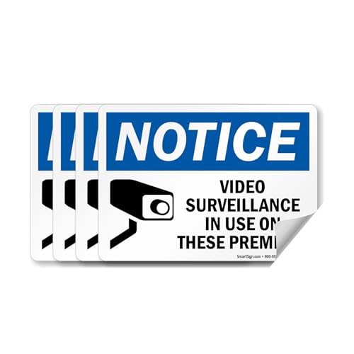 SmartSign (Pack of 4) 5 x7 inch “Notice - Video Surveillance in Use On These Premises” Labels with Symbol, 5 mil Laminated Polyester with SuperStick Adhesive, Blue, Black and White, Made in USA