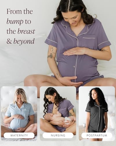 Image of Kindred Bravely Clea Short Sleeve Pajama Set, Maternity & Nursing Sleepwear | Soft button-down breastfeeding sleepwear with pockets and elastic waist, breathable for pregnancy through hospital and beyond