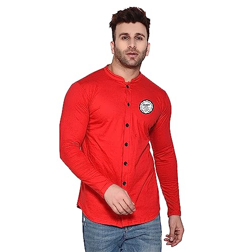Image of Geum Men's Mandarin Collar Shirt | Slim Fit Full Sleeve Casual Shirt with Printed Chest Logo | Soft Cotton Blend Stylish Button Down for Party, Office