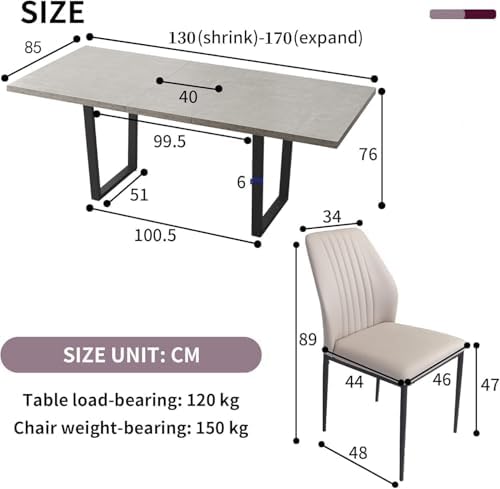 5. Bild von jiexi Essgruppe mit ausziehbarem Esstisch und 4/6 Stühlen, Tischhöhe 76 cm, Tischbreite 90 cm, ausziehbar von 130 bis 170 cm (Ausziehbarer Tisch + 6 beige stüihle)