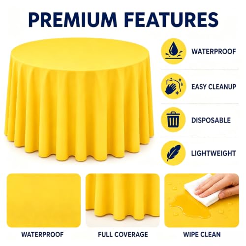 Image of WNINK 4 Pack Yellow Round Tablecloth, 84 Inch Disposable Plastic Table Covers, Yellow Round Table Cover for Birthday Parties, Holiday, Picnic, BBQ, Family Gathering Party Supplies