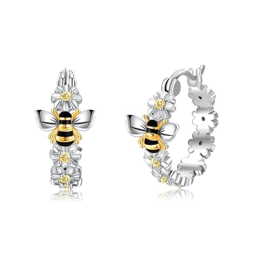 ONEFINITY Honey Bee Earrings 925 Sterling Silver Daisy Hoop Earrings Bee Flower Animal Floral Jewelry Mothers Gifts for Women Mom Grandma