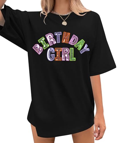 Oversized Sequin Birthday Girl Shirt Womens Happy Birthday Graphic Tees Birthday Gift Top Casual Short Sleeve Tops