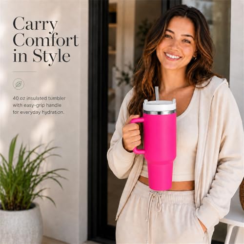 Image of Pandance 40 oz Tumbler with Handle, Tumbler with Lid and Straw(Rose Pink)
