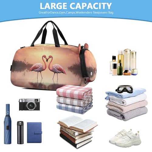 Flamingos Pattern Duffle Bag for Girl, Sports Duffle Gym Bags with Shoe Compartment, Personalized Overnight Bag Travel Weekender for Kids4