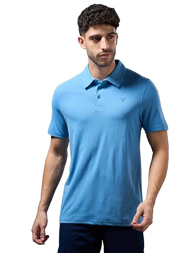 Image of TECHNOSPORT Men's Solid Slim Fit Polo Collar T-Shirt COTFLEX Half Sleeve Button Polyester for Gym Running Workout UPF50+ Anti Odour