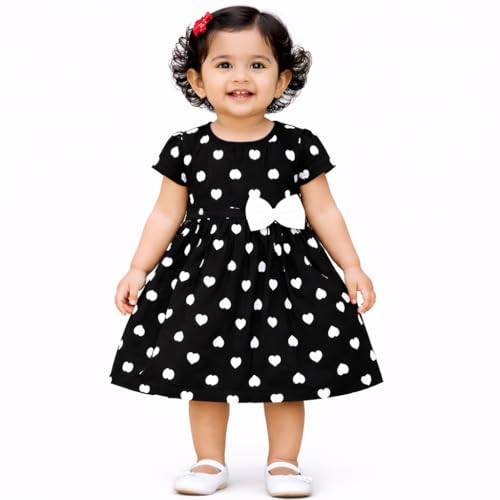 Image of Babeezworld Cotton Baby Girl Dress - Knee Length fit and Flare Dress Frock jhabla (Black; 1-2 Years)