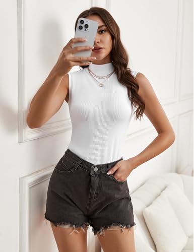 Image of Women's Mock Turtleneck Top Sleeveless Solid Rib Knit Form Fitting Scoop Tank Tops Basic Cami Shirts