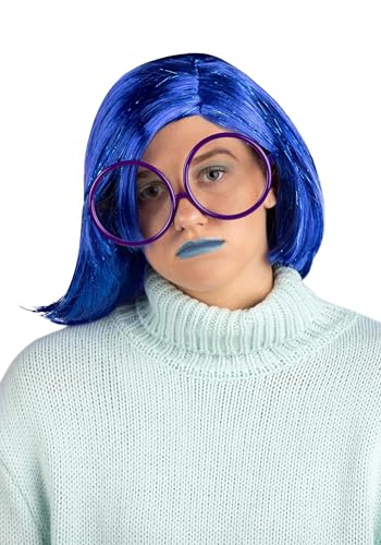 Adult Disney Pixar Inside Out Sadness Costume Kit with Blue Wig and Round Glasses for Halloween and Cosplay Standard
