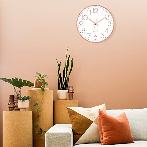 Image of Foxtop Modern Wall Clock 12 Inch Non-Ticking Silent Battery Operated Round Quartz Rose Gold Wall Clock for Office Bedroom Living Room Kitchen Home School Decor