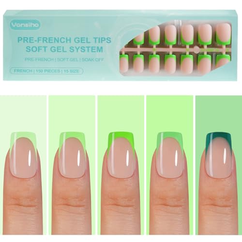 150Pcs French Gel Nail Tips, Vansiho Short Square Nail Tips, Green Pre-French Tips Press on Nails, Soak Off Soft Gel Acrylic Fake Nails for Nail Art DIY 15 Sizes
