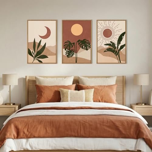 Image of KAIRNE Vintage Sun and Moon Framed Canvas Wall Art Set,Boho Desert Botanical Wall Decor,Abstract Green Terracotta Art Prints,Retro Minimalist Artwork for Living Room,Bedroom,Farmhouse,Office-24 inchx36 inchx3