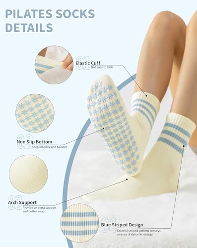 Image of Yawlsow Cute Pilates Grip Socks for Women Ruffle Frilly Yoga Socks Non Slip Cotton Crew Grippy Sock for Barre Workout