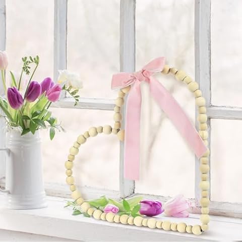 VioraWhite 12 Inch Valentines Wooden Bead Heart Wreath Heart Wreath with Pink Velvet Ribbon Bow Valentine's Day Decor Gift Farmhouse Rustic Beads Garland Tiered Tray Decor for Home Desktop Window Door Cover