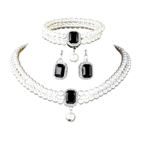 Dishowme Ensemble de bijoux de mariage avec collier et boucles d'oreilles en perles français et cristal - Collier avec perle artificielle et bracelet en strass superposé français pour femmes