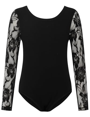 Noomelfish Girls Lace Long Sleeve Dance Leotard Toddler Mesh Ballet Bodysuit Gymnastics Outfits, Black, size 7-8 Years
