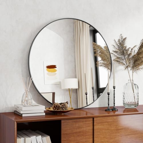 Koonmi 60 cm Black Round Mirror, Circle Wall Mirror with Aluminum Alloy Frame, Classic for Bathroom over the Sink, Modern Hanging on the Hallway Wall, Black - Cosy Home Interiors Koonmi 60 cm Black Round Mirror, Circle Wall Mirror with Aluminum Alloy Frame, Classic for Bathroom over the Sink, Modern Hanging on the Hallway Wall, Black - Image 2