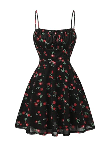SweatyRocks Girl's Cherry Print Flared Dress High Waist Ruched Ruffle Hem Mesh Cami Dress