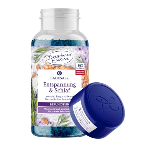 Dresdner Essenz Sales de baño para relajarse y dormir, 600 g, efecto calmante y equilibrante con cargas pesadas, cristales de baño con aceites esenciales de lavanda, bergamota y sándalo de las Indias