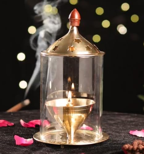 Servdharm Brass Akhand Diya with Borosilicate Glass 6.4" 16.2 cm Medium Gold