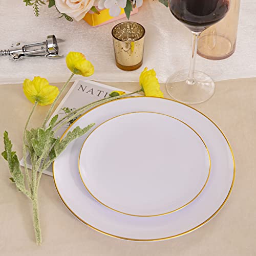 KIRE 60PCS Gold Plastic Plates - Thanksgiving Heavy Duty White Disposable Plates with Gold Rim for Party/Wedding- Include 30Pieces 10.25inch Dinner Plate and 30Pcs 7.5inch Dessert Plate