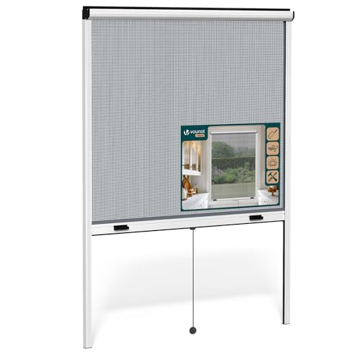 VOUNOT® Store Moustiquaire Fenêtre Enroulable en Aluminium Recoupable avec Maille en Fibre de Verre Store Moustiquaire Installation Facile L130 x H160 cm Blanc