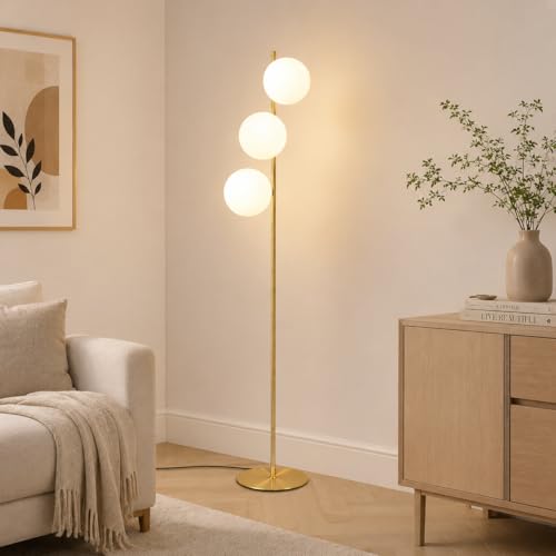 ZMH Lampadaire moderne pour salon - 3 ampoules E27 - Design doré - Avec interrupteur à pied - En métal - Boule de verre - Pour chambre à coucher, bureau,...